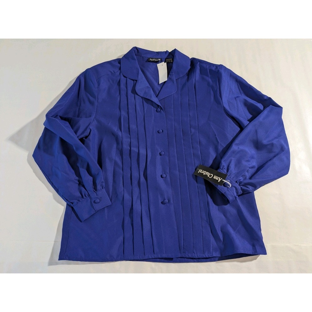 Vintage Blue Satin Collared Long Sleeve Pleated Button Blouse Size 14 NWT